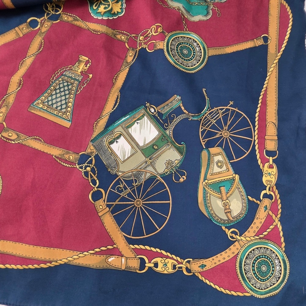 Liz Sinclair Italy Microfiber Equestrian Carriage Scarf Burgundy Navy Gold 31x31 - Picture 2 of 5